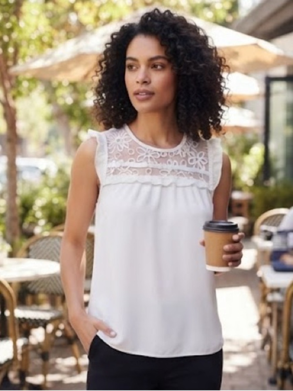 Ivory White Lace Embroidered Yoke Sleeveless Ruffle Top